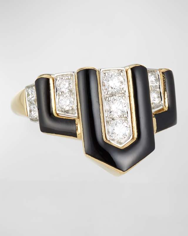 Geometric Black Enamel & Diamond Ring, Size 6.25
